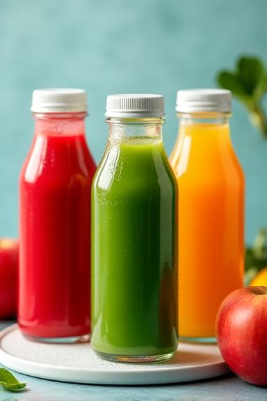 유리병에 담긴 세 가지 색상의 착즙 주스