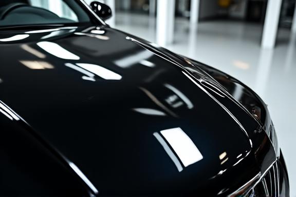 유리처럼 반사되는 검은색 세단의 보닛