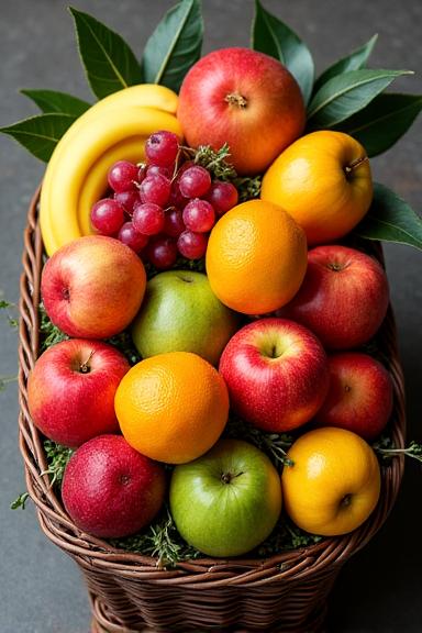 다채로운 과일로 가득 찬 고급스러운 과일 바구니